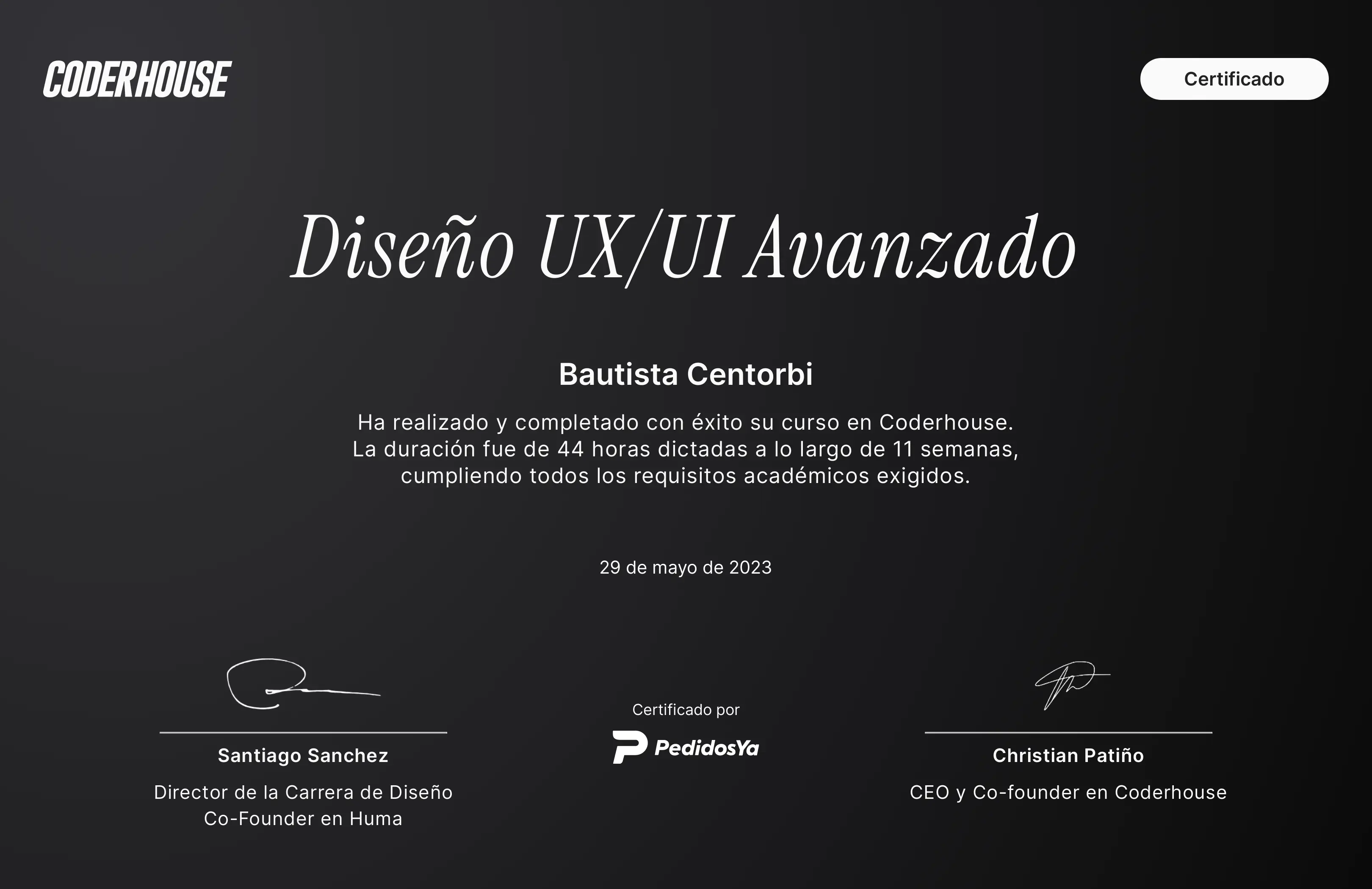Certificado de Curso de Diseño UX/UI Avanzado