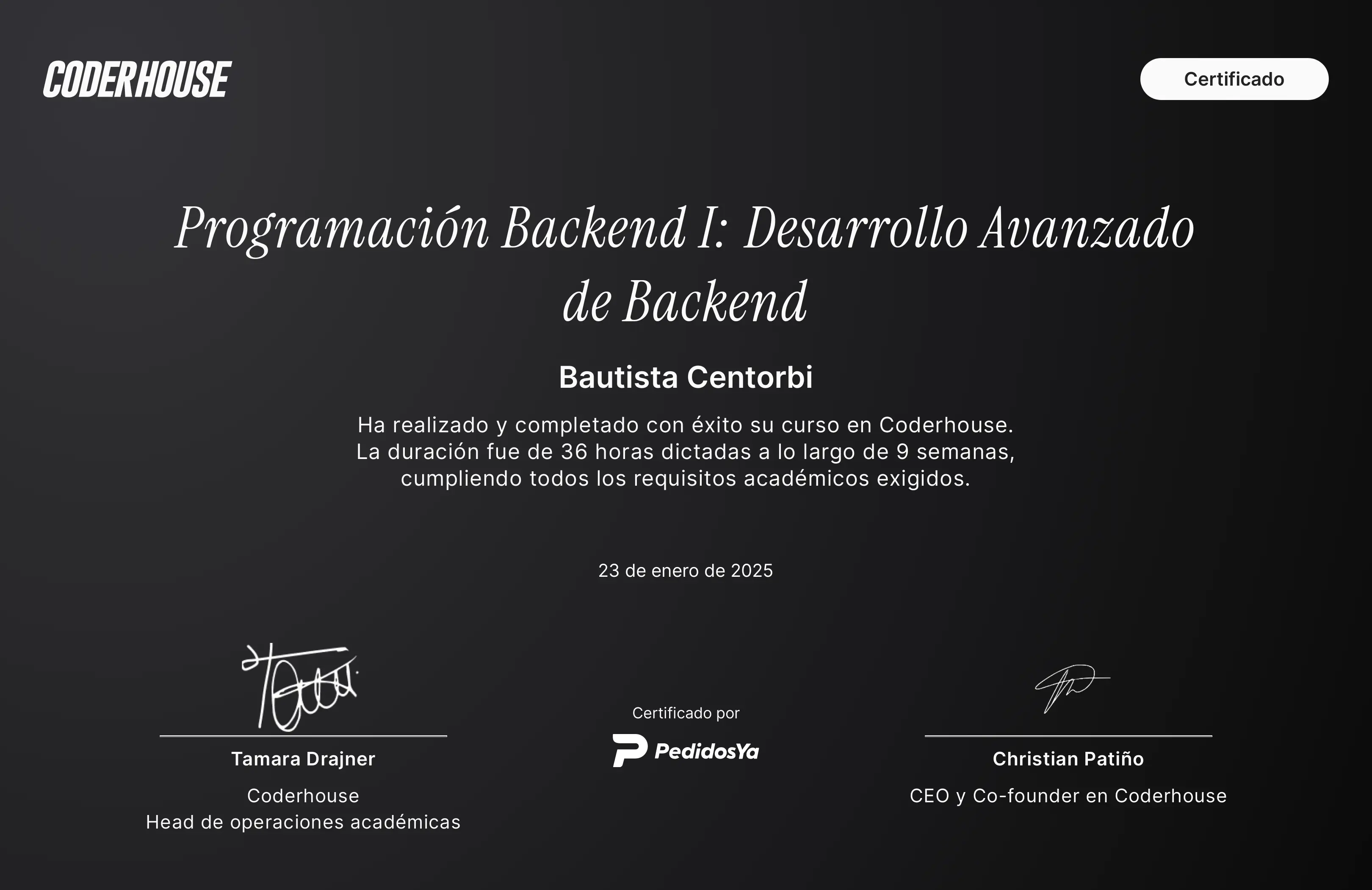 Certificado de Curso de Backend I