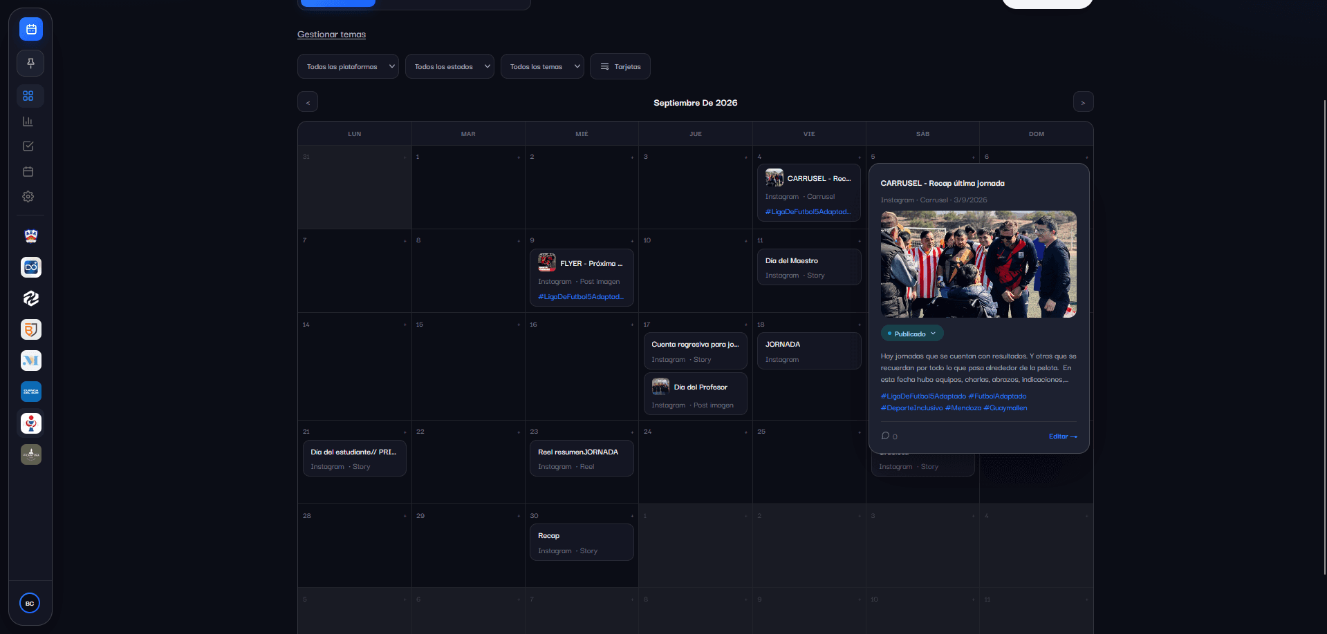 CM-Suite · Calendario editorial de un cliente, vista Calendario