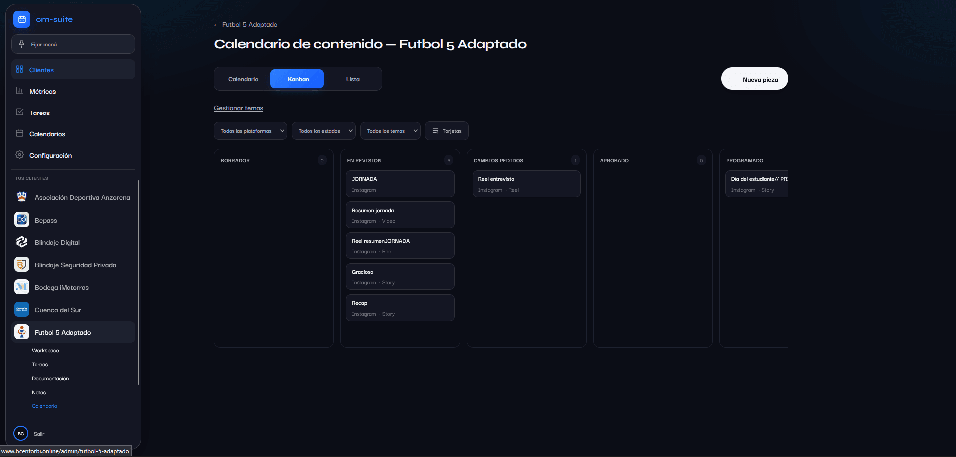 CM-Suite · Flujo de aprobación en tablero Kanban