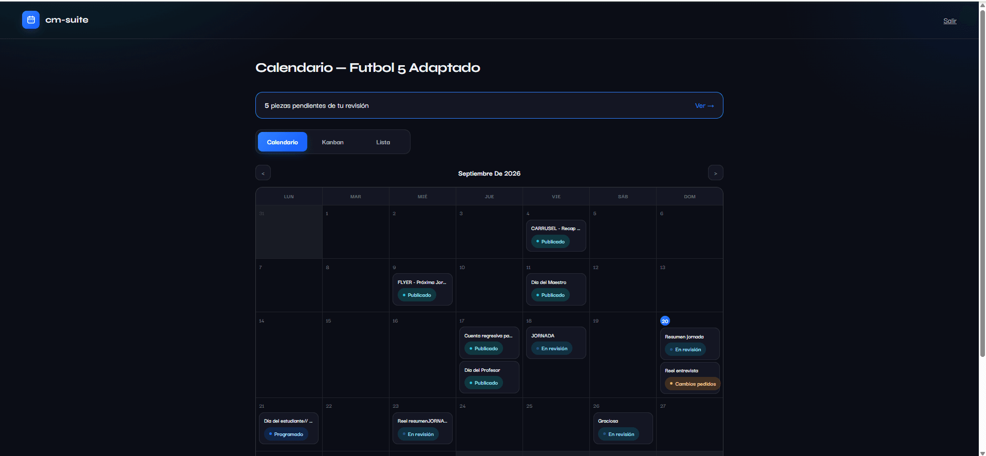 CM-Suite · Vista del cliente sobre su propio calendario de contenido